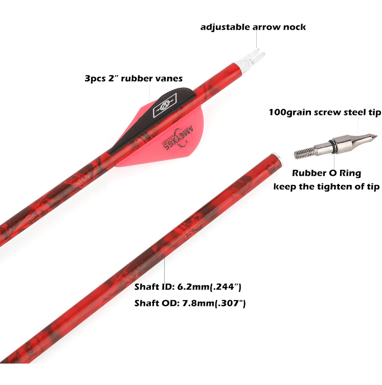 30" Mix Carbon Arrows Archery Hunting Arrows Spine 500 with Removable Tips Targeting Practice Arrows for Compound Recurve Bow